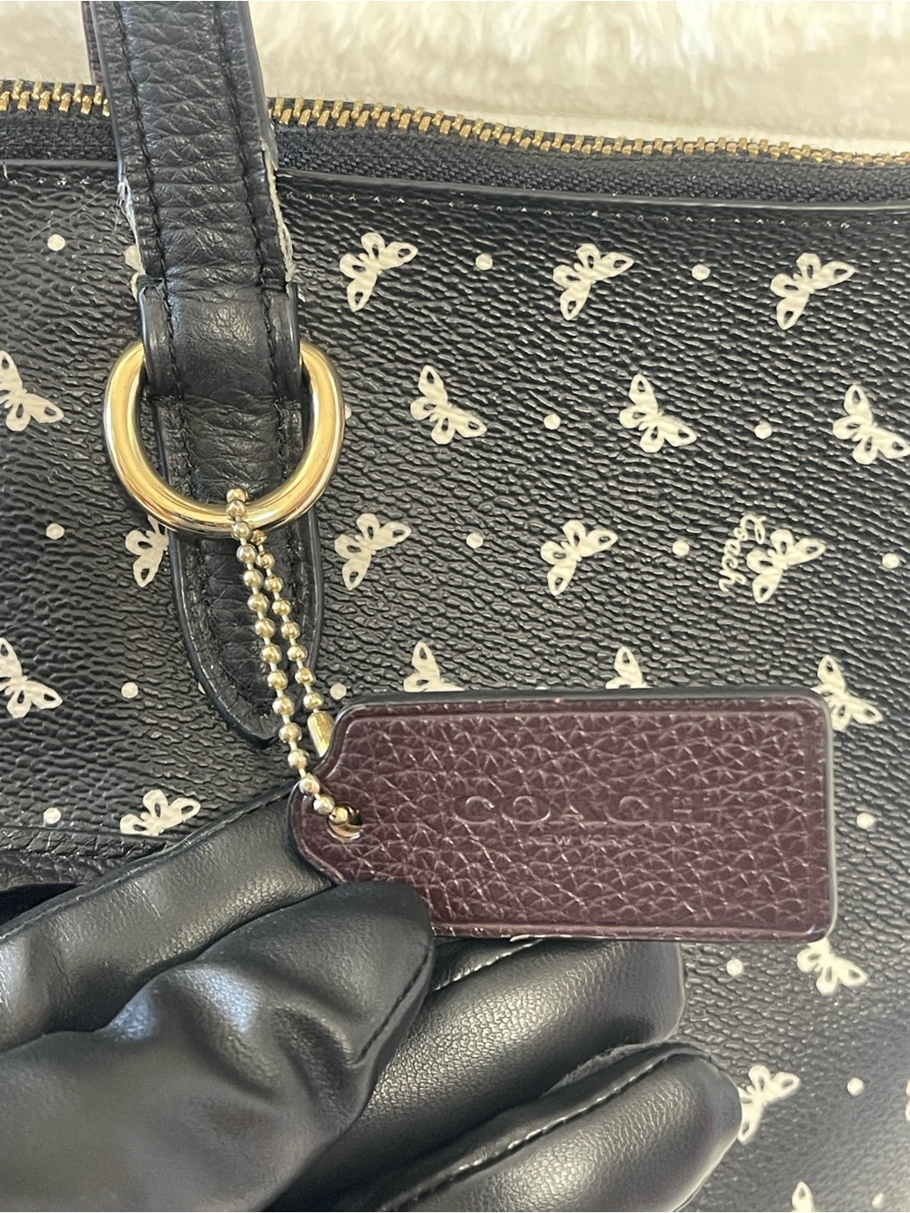 COACH Taylor Black Coated Canvas Tote with White Butterfly Signature Print - Picture 5 of 10